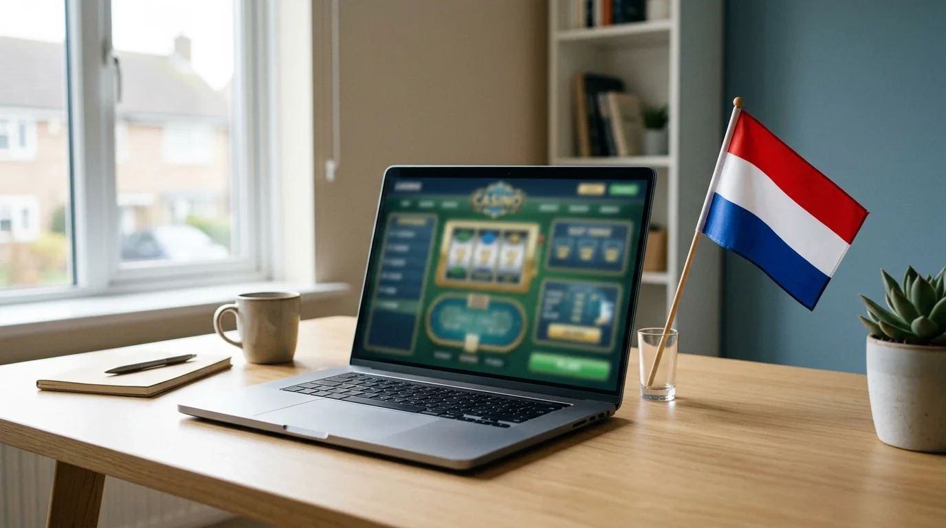 Laptop met een online casino zonder Nederlandse licentie naast een Nederlandse vlag op een bureau