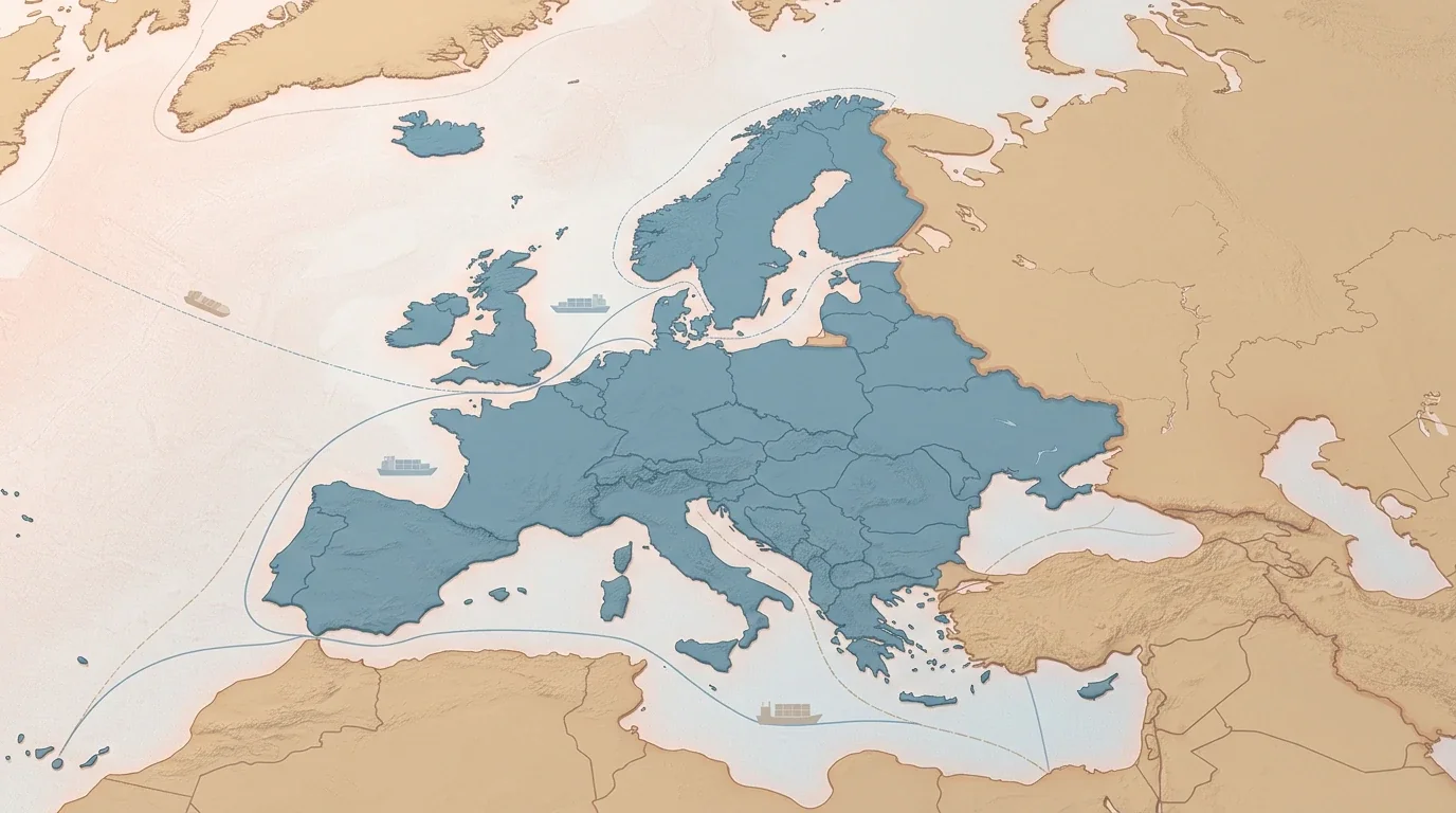 Kaartvlakken die het belastingverschil tussen binnen en buiten de EU en EER tonen