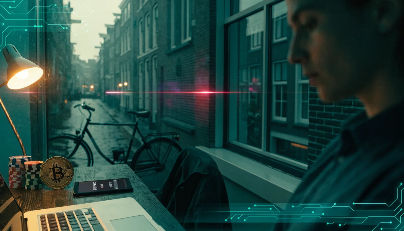 Nederlandse woning met laptop, casinofiches en bitcoin-munt op bureau