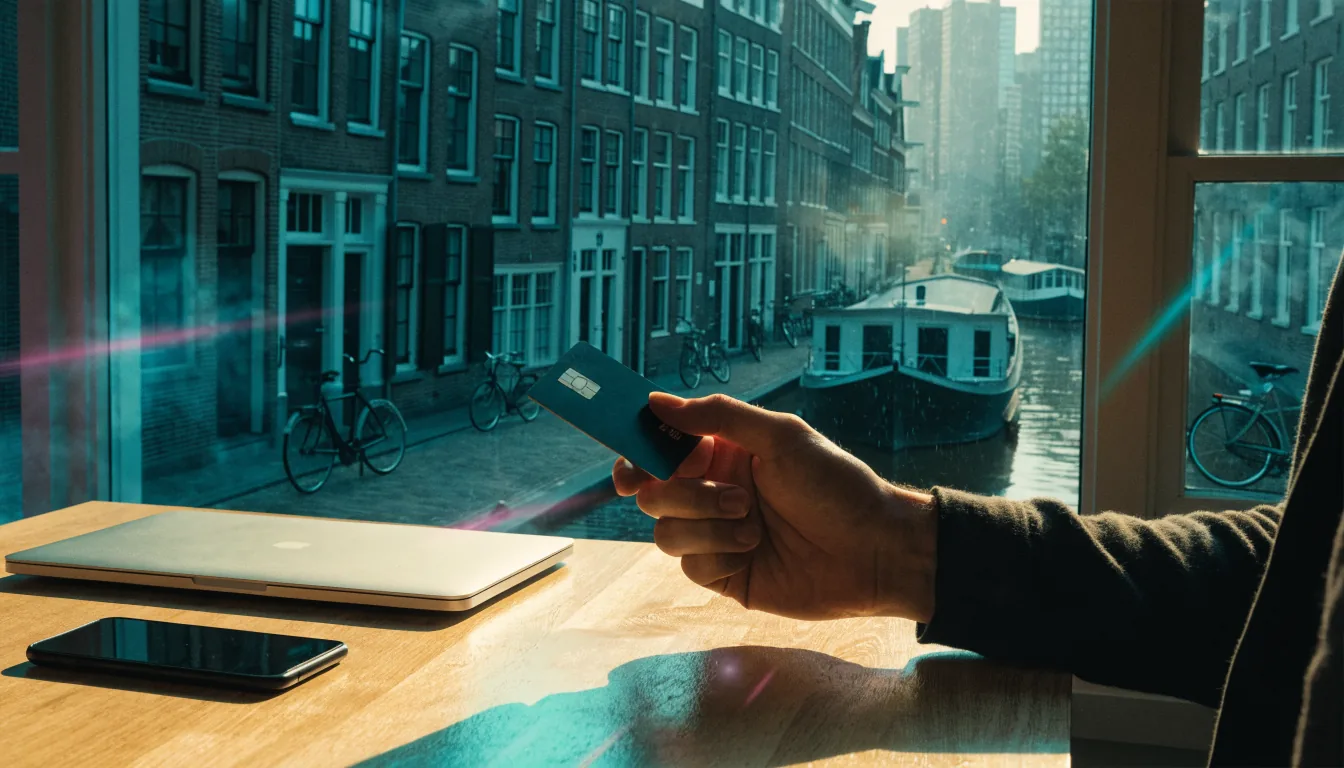 Creditcard vastgehouden boven een bureau in een zonnig Nederlands appartement aan het water