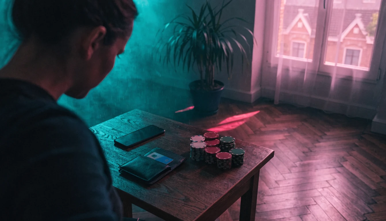 Persoon aan bureau in Nederlandse woning met portemonnee, telefoon en casinofiches