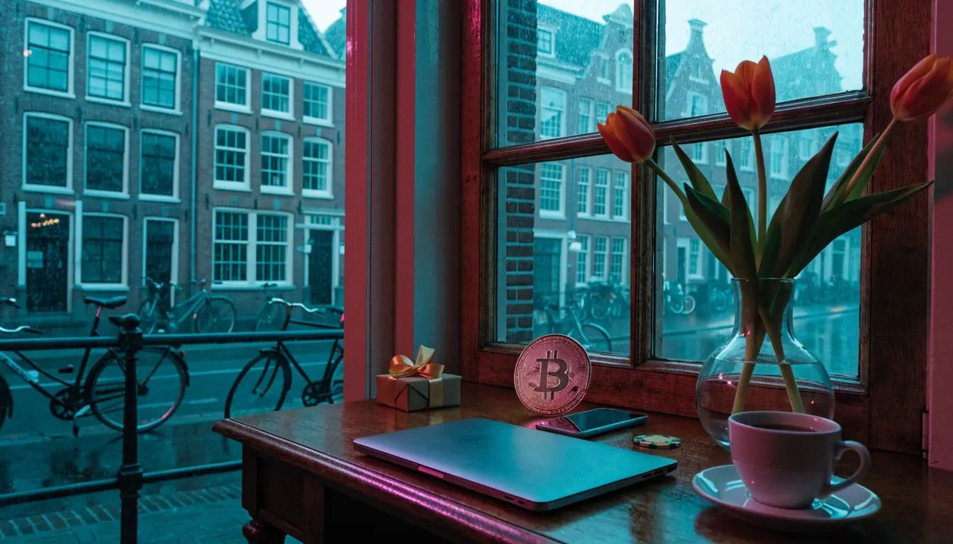 Nederlands kantoor aan de gracht met laptop, Bitcoin-munt en welkomstcadeau