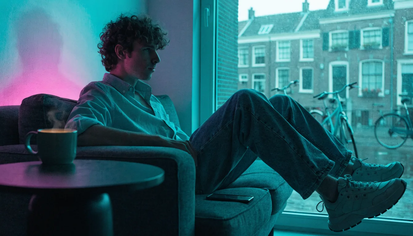Nederlandse man ontspannen thuis met smartphone en koffie in Amsterdamse kamer met grachtenuitzicht.