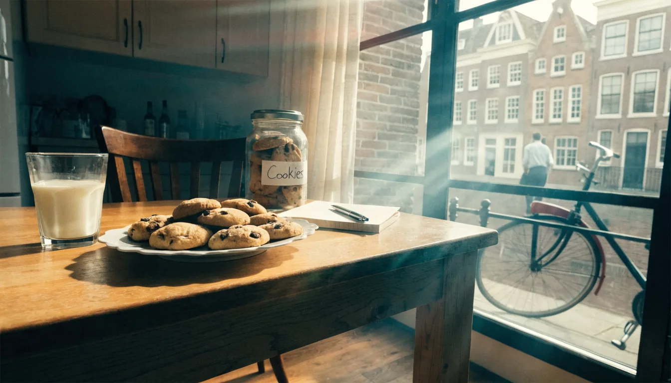 Warme keuken met versgebakken koekjes op een houten tafel