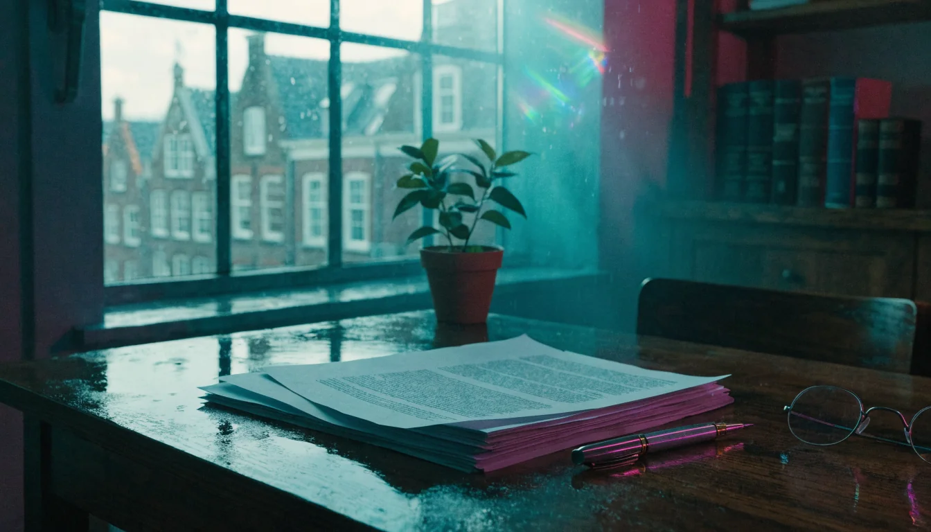 Houten bureau met juridische documenten in een Nederlands kantoor