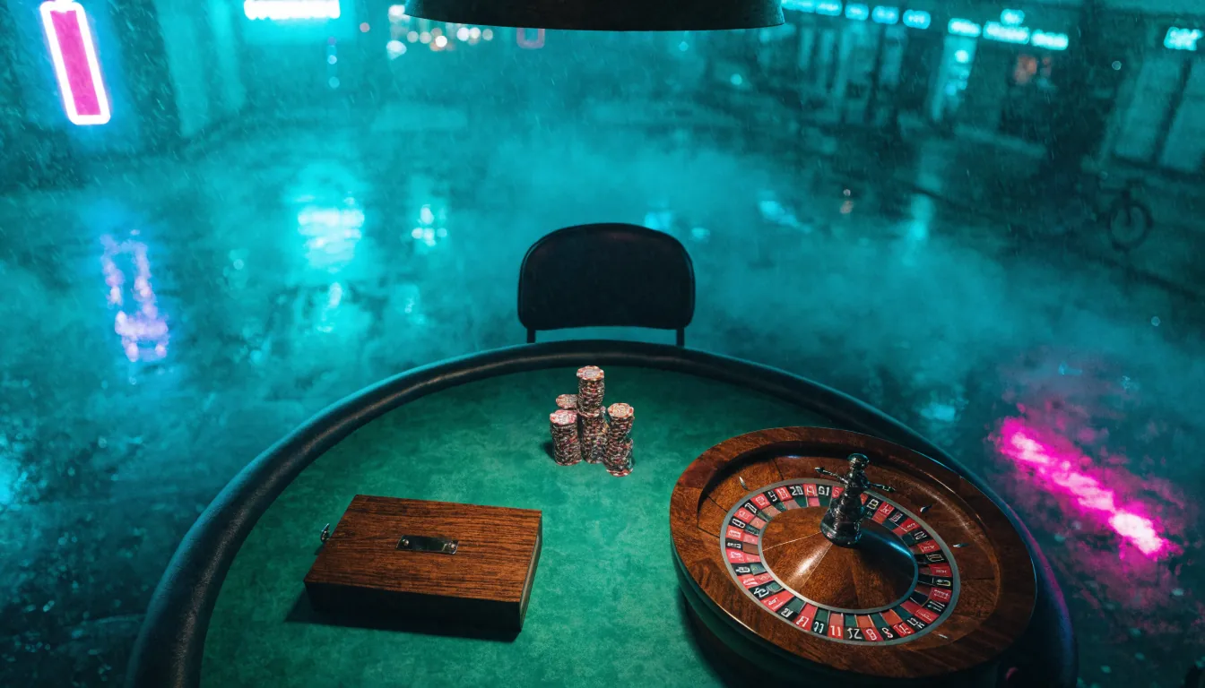 Casino tafel met fiches, roulettewiel en gesloten kaartschoen