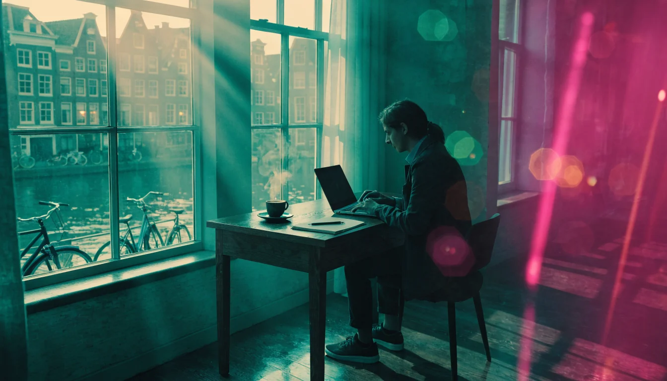 Persoon typt achter een bureau bij een raam met uitzicht op een Amsterdamse gracht aan een laptop.