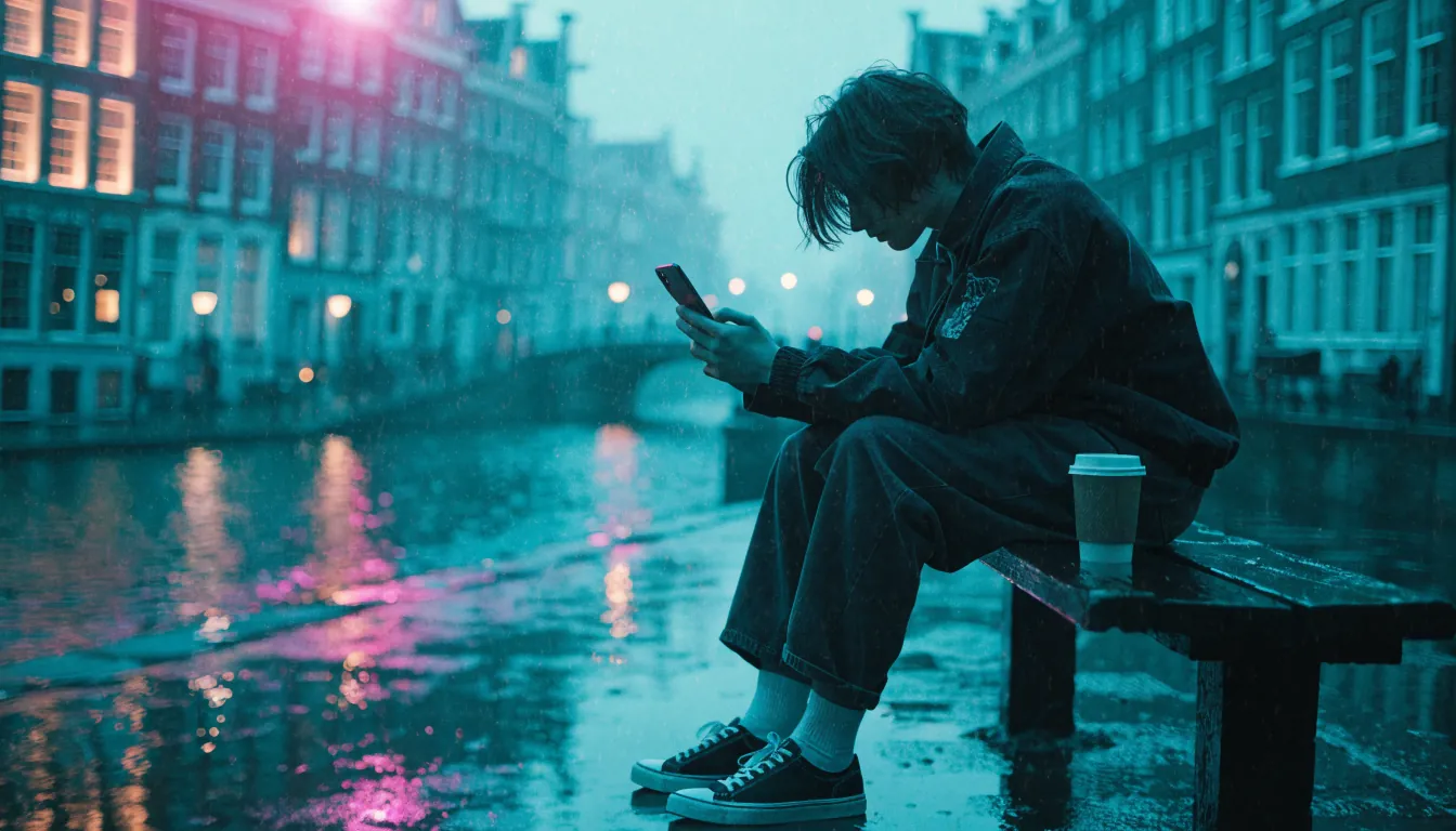 Persoon op een bankje langs de Amsterdamse gracht met een smartphone in de hand