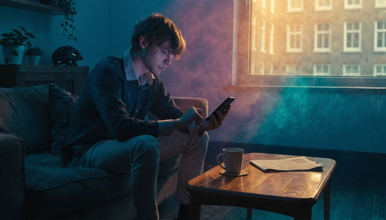 Nederlandse man met smartphone in moderne huiskamer