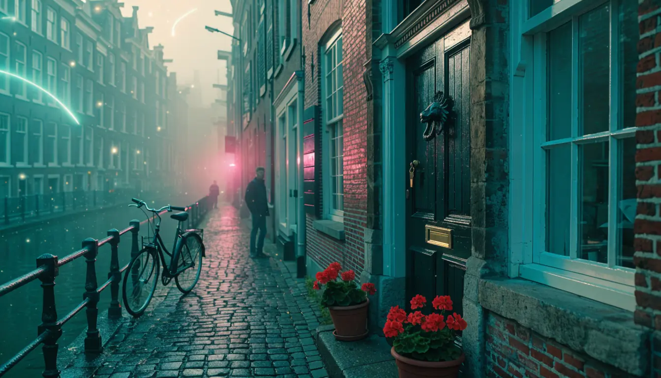 Gesloten houten voordeur van een Amsterdams grachtenpand met brievenbus, sleutel en geraniums