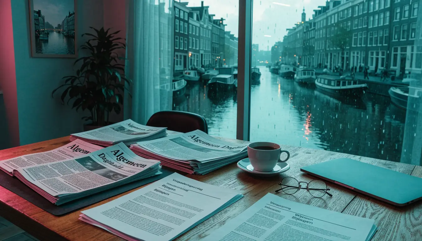 Een redactiekantoor in Nederland met kranten, documenten en een kop koffie op een bureau.