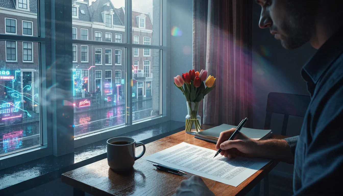 Houten bureau met contractdocument, pen, koffiemok en tulpen voor een raam