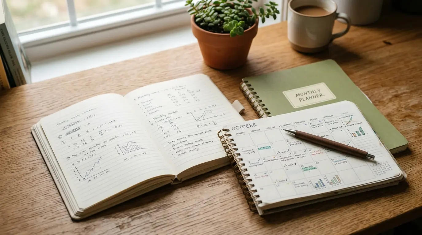 Notitieboek en agenda waarin maandelijkse winst en inzet worden bijgehouden